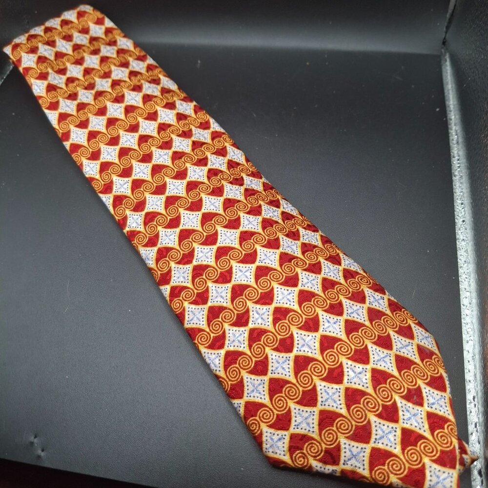 Keith Daniels Red & White & Gold Geometric Silk Tie Back Open Slightly